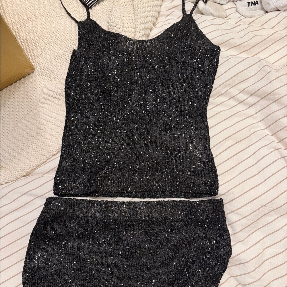 Black Sequin Two-Piece Knit Set - Whitefox
